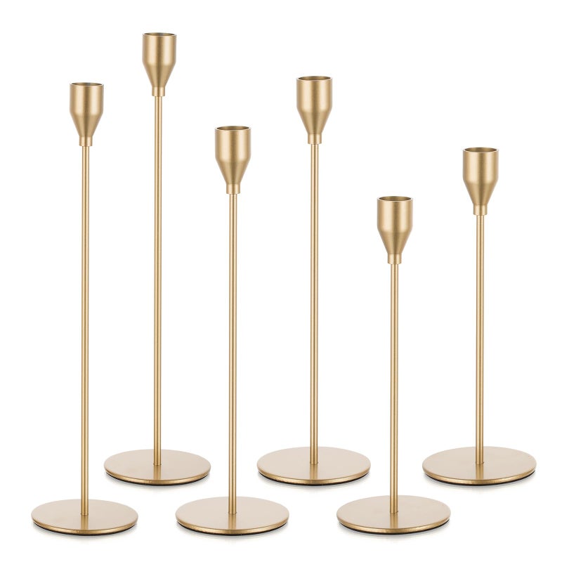 Candeldo Gold Taper Candle Holders: Set of 6 Tall Candlestick Holder for Table Centerpiece Metal Brass Candles Stick Holders Candle Stand Brushed Wedding Decor - Image 1